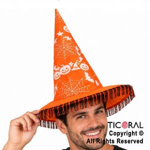SOMBRERO BRUJA HALLOWEEN NARANJA CON FLECOS